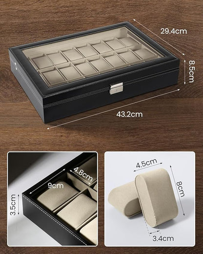 Uten Watch Box, 24 Slots Watch Case, Watch Box Organizer Jewelry Storage with Large Glass Lid, Watch Display Case, Watch Box for Men & Women