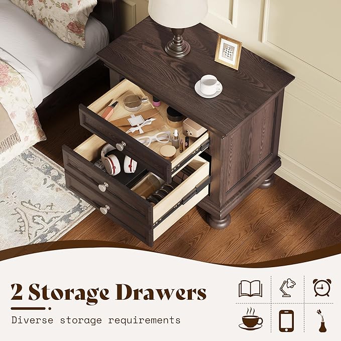 AMERLIFE Fully Assembled Nightstand, Solid Wood End Table with 2 Storage Drawers, 26" Extra Large Traditional Bedside Cabinet for Bedroom, Dark Brown