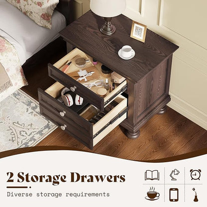 AMERLIFE Fully Assembled Nightstand, Solid Wood End Table with 2 Storage Drawers, 26" Extra Large Traditional Bedside Cabinet for Bedroom, Dark Brown