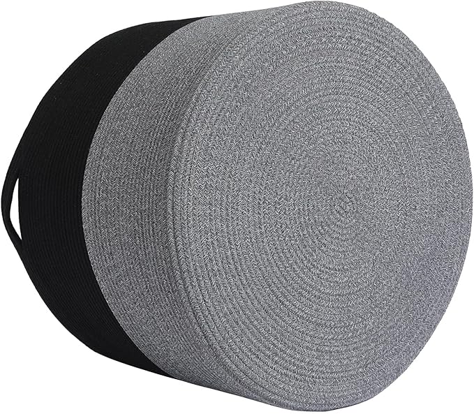 Cottonphant 24" x 24" x 17" Max Size Large Cotton Rope Basket, Extra Large Storage Basket, Woven Laundry Hamper, Cloth Storage Bin, for Blankets Clothes Towels Pillows in Living Room, Black/Grey Mix