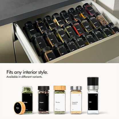 KIVY Drawer Spice Organizer + 24 Jars & 240 Labels - Seasoning Rack for Organization - Kitchen Drawer Insert for Spice Jars - Glass Seasoning Jars with Airtight Lids - Glass Spice Jars with Label