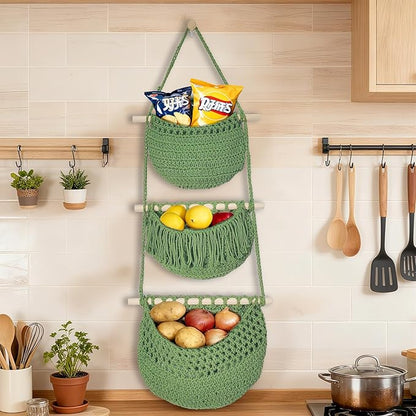 3 Tier Hanging Fruit Baskets for Kitchen, Boho Cotton Rope Handwoven Vegetable Hammock Produce Storage Wall Mounted Large Organizing Basket for Farmhouse Decor, Over The Door, Onion, Potato (Green)
