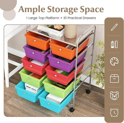 GOFLAME 10-Drawer Rolling Storage Cart, Art Craft Storage Organizer on Wheels, Multipurpose Movable Utility Cart for School, Office and Home, Multicolor