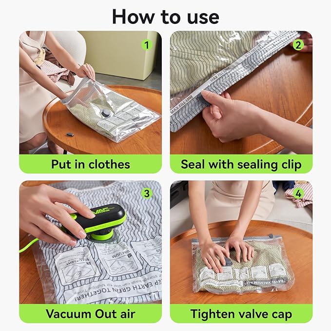 VACKFOX Vacuum Bags for Travel with USB and TYPE C Pump, 15 Pack Carry-on Size Compression Packing Bags for Luggage and Suitcase, Space Saver for Clothes and Clothing Travel（Green）