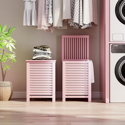SMIBUY Double Laundry Hamper with Lid, 120L Bamboo Laundry Basket with Removable Liner Bag, 2-Section Clothes Divider Laundry Sorter for Laundry Room, Bathroom, Bedroom (Pink)