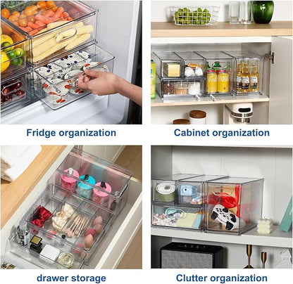 Fridge Drawer Pull Out Stackable Bins, Clear Refrigerator Stackable Organizers, Fridge Organizer Storage for Kitchen, Pantry, Vegetables, Fruits (2 Large)