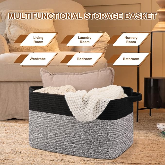 Blanket Basket for Living Room, Woven Cotton Rope Basket for Storage Clothes, Towels, Pillows, Toy Storage Bin for kids with Handles, 20" x 16" x 12", Black and Grey