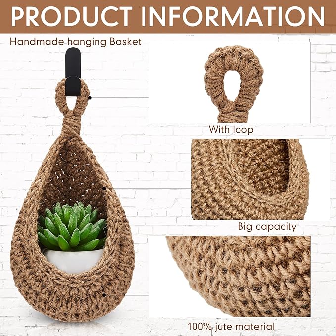 Honeydak Boho Decor Hanging Wall Baskets for Kitchen 3 Pack Teardrop Baskets with Hooks Storage Fruit Onion Vegetable Potato for Home 3 Sizes(Linen,Hemp Rope)