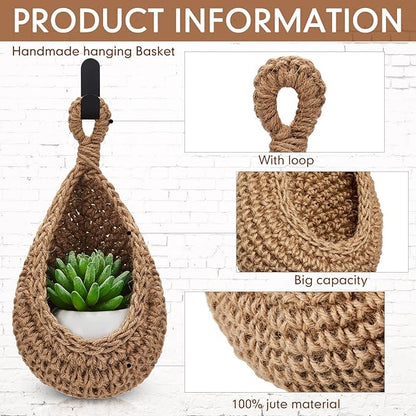Honeydak Boho Decor Hanging Wall Baskets for Kitchen 3 Pack Teardrop Baskets with Hooks Storage Fruit Onion Vegetable Potato for Home 3 Sizes(Linen,Hemp Rope)