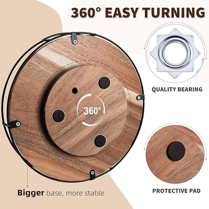 Acacia Wood Lazy Susan with Handles, 12.5" Organizer Turntable, Steel Sided, 360 Degree for Countertop or Dining Table (Black)