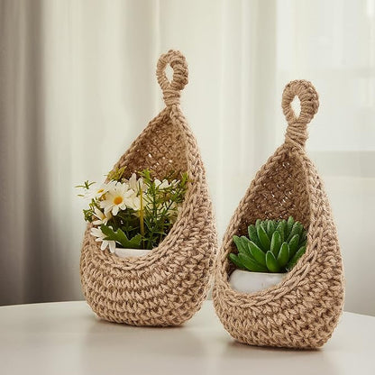 Honeydak Boho Decor Hanging Wall Baskets for Kitchen 3 Pack Teardrop Baskets with Hooks Storage Fruit Onion Vegetable Potato for Home 3 Sizes(Light Linen,Cotton Rope)