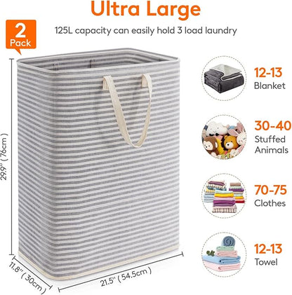Lifewit 2 Pack Laundry Hamper Large Collapsible Laundry Baskets, Freestanding Waterproof Clothes Hamper with Easy Carry Handles in Laundry Room Bedroom Bathroom College Dorm, Grey, 2 x 125L