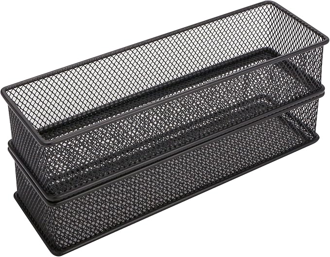 Annova Mesh Stackable Drawer Cabinet and Shelf Organizer Bins Storage Basket School Office Supply Holder Tray- Set of 2 (Black, 3x9x2 Inch)