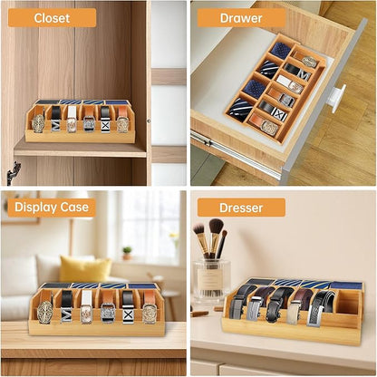 Niciksty Adjustable Wood Belt Organizer, 10 Compartments Belt Rack and Tie Storage Holder for Closet and Drawer, Belt Holder Organizer and Displayer, Tie Holder Storage for Men Women, Wood Color