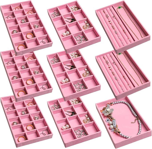 Frebeauty Jewelry Organizer Tray,Stackable Velvet Jewelry Trays,Drawer Inserts Earring Organizer For Women Jewelry Storage Display Case for Rings Stud Necklaces,8.3 x 4.9 x 1 Inches (Pink)