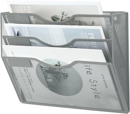 EASEPRES 3 Pocket Mesh Hanging Wall File Organizer, Wall Mounted Mail Paper Document Folder Holder, Clipboard Storage Organization Magazine Rack with Nametag Label for Office Home School, Gray