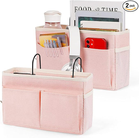 Retyion Bedside Caddy Bedside Storage Organizer Hanging Bunk Bed Dorm Room with Side Pockets for Water Bottles, Books, Cell Phones, Headphones 2 Pack (Pink)