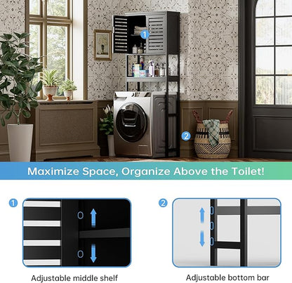 SMIBUY Bathroom Over The Toilet Storage Cabinet, 2 Door Bamboo Cabinet Organizer, Freestanding Space Saver Toilet Rack with Adjustable Inside Shelf and Open Shelf (Black)