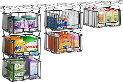 3-Pack Hanging Laundry Organizer, Stackable Wire Shelf Storage with Label Cards, Foldable Metal Baskets with 360°Rotating Hooks,Space-Saving for Laundry Room, Closet & Pantry, 11"×15" Large,Black
