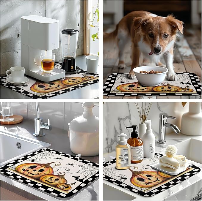 Wnoesat Halloween Kitchen Drying Mats for Dishes 16x18 In Orange Pumpkin Ghost Dish Drying Mat Black Bat Spiders Web Buffalo Plaid Dish Rack Mat Absorbent Microfiber Drying Pad for Kitchen Counter