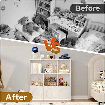 Toy Storage Organizer with 3 Movable Drawers,Montessori Bookshelf with 5 Open Cubbies,White Kids Bookshelf with Wall Mounting Hardware for Playroom,Den and Kids Room