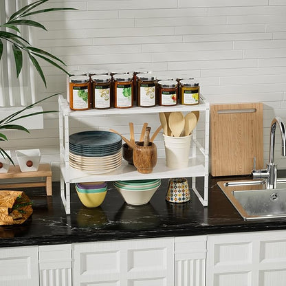 WEJIPP Cabinet Organizer Shelves,Adjustable Height Stackable Spice Racks for Cabinet,Pantry,Counter,Cupboard - 2 Packs of Kitchen Under Sink Expandable Storage Shelves,D:10.24" x W:16.5"-27.2",White