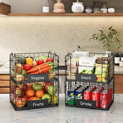 JKsmart Pantry Organizers and Storage, 4 Pack XL Stackable Wire Baskets with NamePlates, Metal Storage Bins for Snack Can Fruit Vegetable Spice