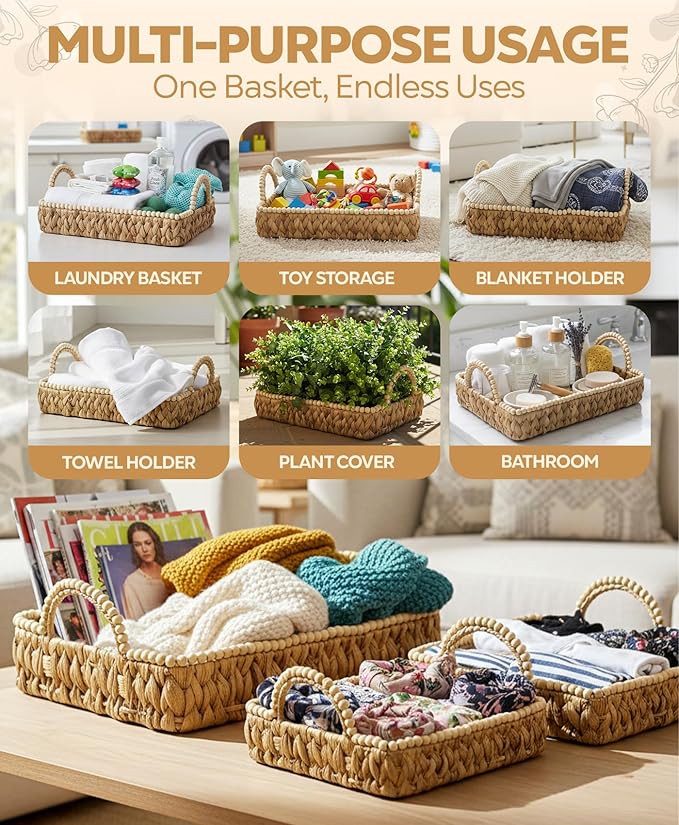 Handwoven Water Hyacinth Storage Baskets for Toilet, Living Room, Nursery Organization - Natural Rectangular Set of 3 Versatile Nesting Baskets with Scalloped Edge Design & Handles