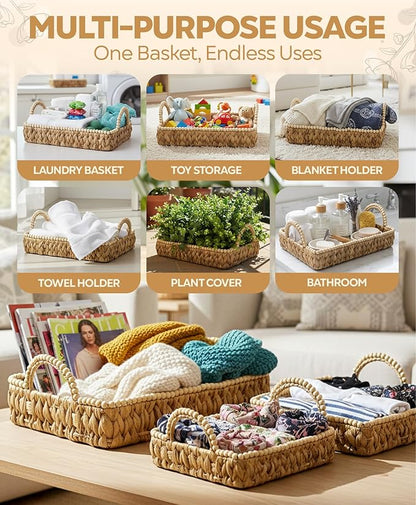 Handwoven Water Hyacinth Storage Baskets for Toilet, Living Room, Nursery Organization - Natural Rectangular Set of 3 Versatile Nesting Baskets with Scalloped Edge Design & Handles