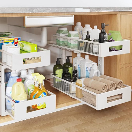 2 Packs 19IN Depth Under Sink Organizer, 2-Tier Pull Out Cabinet Organizer With Smooth Circular Rail, Large Capacity Metal Mesh Sliding Drawers For Bathroom& Kitchen Storage,Height Adjustable –White