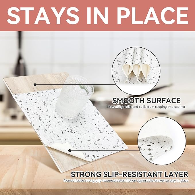 RAY STAR Shelf Liners for Kitchen Cabinets Non-Adhesive, 18 Inch x 8 Feet Trimmable Speckled White Vanity Liner Non Slip Pantry Cabinet Liner Waterproof Cupboard Marble Pattern (Pack of 3)