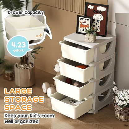 Qaba 4 Tier Kids Storage Unit, Toy Organizers and Storage with 4 Drawer Chest for Kids Bedroom Nursery Kindergarten Living Room for Boys Girls Toddlers, Cream White