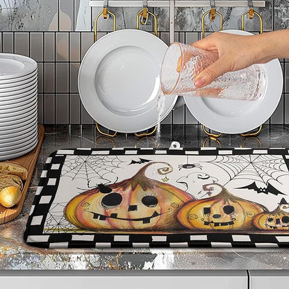Wnoesat Happy Halloween Fall Pumpkin Dish Drying Mat for Kitchen Counter 18x24 In Spooky Ghost Bats Spider Web Buffalo Plaid Drying Mats Microfiber Dish Drainer Mat Large Absorbent Fast Dry Pad