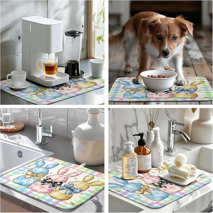 Wnoesat Easter Drying Mat for Kitchen Counter - 16x18 In, Multi-color (Buffalo Plaid), Microfiber & Composite Sponge, Cute Bunny Pattern, Absorbent Dish Drainer Mat