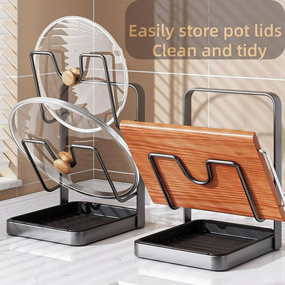 OZAMGSZWSY Kitchen Pot Lid Storage Rack, 304 Stainless Steel Pot Lid Holder While Cooking, Multifunctional Kitchen Pot Cover Organizer for Countertop, With Removable Drip Tray (Double Beige)
