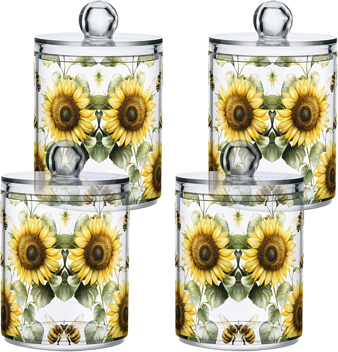 MNSRUU 2 Pack Qtip Holder Organizer Dispenser Flower Sunflower Bee Bathroom Storage Canister Cotton Ball Holder Bathroom Containers for Cotton Swabs/Pads/Floss