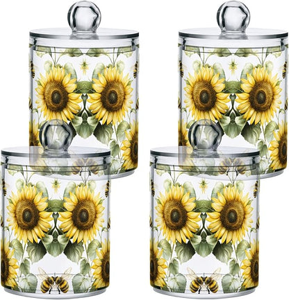 MNSRUU 2 Pack Qtip Holder Organizer Dispenser Flower Sunflower Bee Bathroom Storage Canister Cotton Ball Holder Bathroom Containers for Cotton Swabs/Pads/Floss