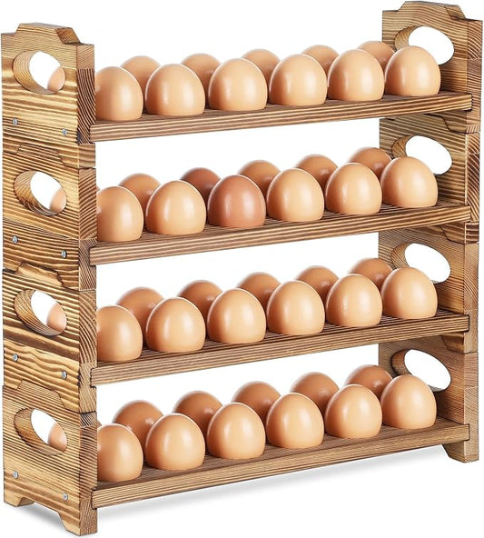 Wooden Egg Holder with 4 Layers/48-Hole, Stackable Wood Egg Rack Countertop with Handle, Stores Chicken/Duck/Quail/Turkey/Easter Eggs