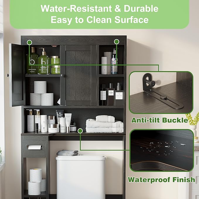 Nivisre Over The Toilet Storage Cabinet with 7 Shelves, Imitation Walnut Grain Above Toilet Bathroom Organizer with Toilet Paper Holder Stand, Space Saver for Restroom, Laundry, Bathroom (Black)