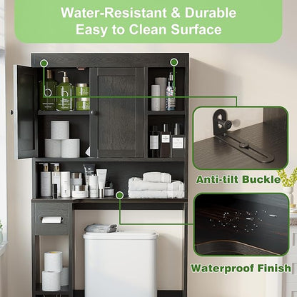 Nivisre Over The Toilet Storage Cabinet with 7 Shelves, Imitation Walnut Grain Above Toilet Bathroom Organizer with Toilet Paper Holder Stand, Space Saver for Restroom, Laundry, Bathroom (Black)