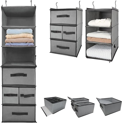 2-in-1 Durable 6-Tier Hanging Shelves with 4 Removable Drawer,2 Separable 3-Tier Thickened Fabric Hanging Closet Clothes Storage Organizer Space-saving for Dorm,RV,Guestroom,Bedroom,Bathroom