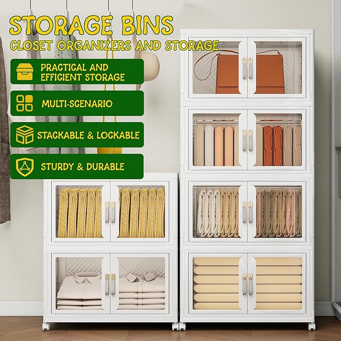 Vavkorkula Large Stackable Storage Bins with 2 Lids, 660QT-110QT*6Tier Foldable Cabinet for Closet Organizers, Plastic Storage Containers Box with Wheels