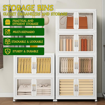 Vavkorkula Large Stackable Storage Bins with Lids, 440QT-110QT*4Tier Foldable Cabinet for Closet Organizers, Plastic Storage Containers Box with Wheels