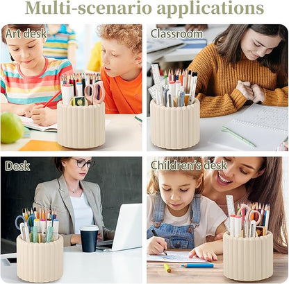 Anyoifax 360° Rotating Pen Holder 7 Slots Desk Organizer Removable Pencil Cup Plastic Art Supplies and Accessories Desktop Storage Box Caddy for Office, School, Home (Beige)