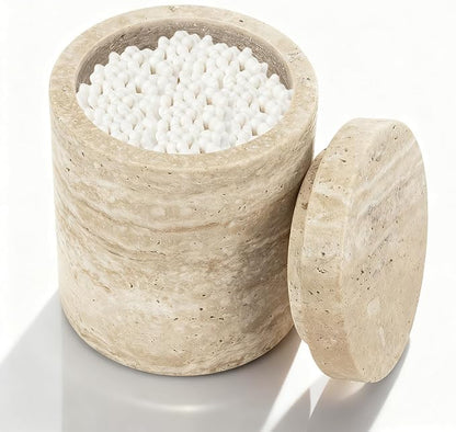N NANSHOP Natural Marble Canister, Cotton Swab Holder with Lid, Marble Toothbrush Holder Qtip Holder Storage for Cotton Swab, Floss Picks, Makeup Pad, Bath Salt, Beige White Travertine(NS019)