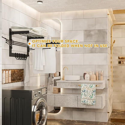 BATODA Wall-Mounted Steel Clothes Drying Rack - Swivel Towel Hanger for Laundry Room & Bathroom - Space Saver (Steel)