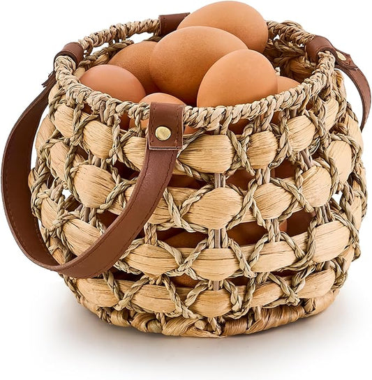 Farmhouse Oval Egg Baskets for Collecting Fresh Eggs,Small Wicker Basket with Handle,Garden Harvest Basket for Gathering Vegetables,Fruit Basket Bin for Kitchen,Garden,Picnic (Round-S)