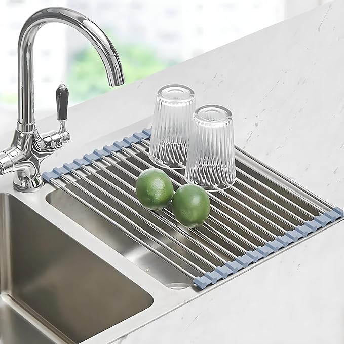 Roll up Dish Drying Rack Over The Sink Kitchen Roll up Sink Drying Rack Portable Dish Drainer Foldable Dish Drying Rack (Grey, 37 * 23.5CM)