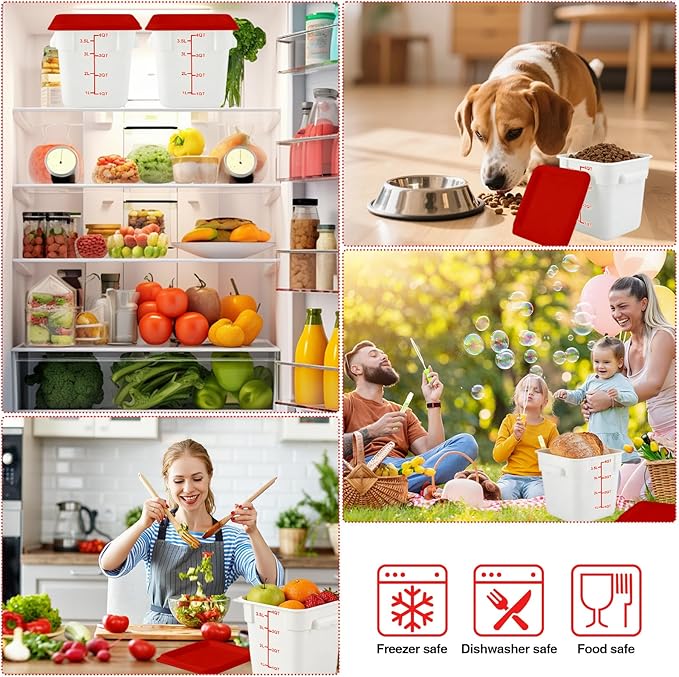 WELKOR Square Food Containers with Lids 4-Pack, Commercial Grade Airtight Plastic Bins for Restaurant Kitchen Pantry Storage, Freezer & Dishwasher Safe (Red, 4QT-4PACK)