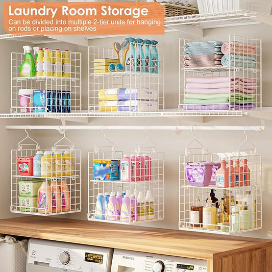 6 Tier Hanging Closet Organizer, Sweater Organizer for Closet, Stackable Wire Storage Basket Bins for Clothes Purse Shoes, Hanging Shelves with 4 Hooks & 3 Dividers Adjustable